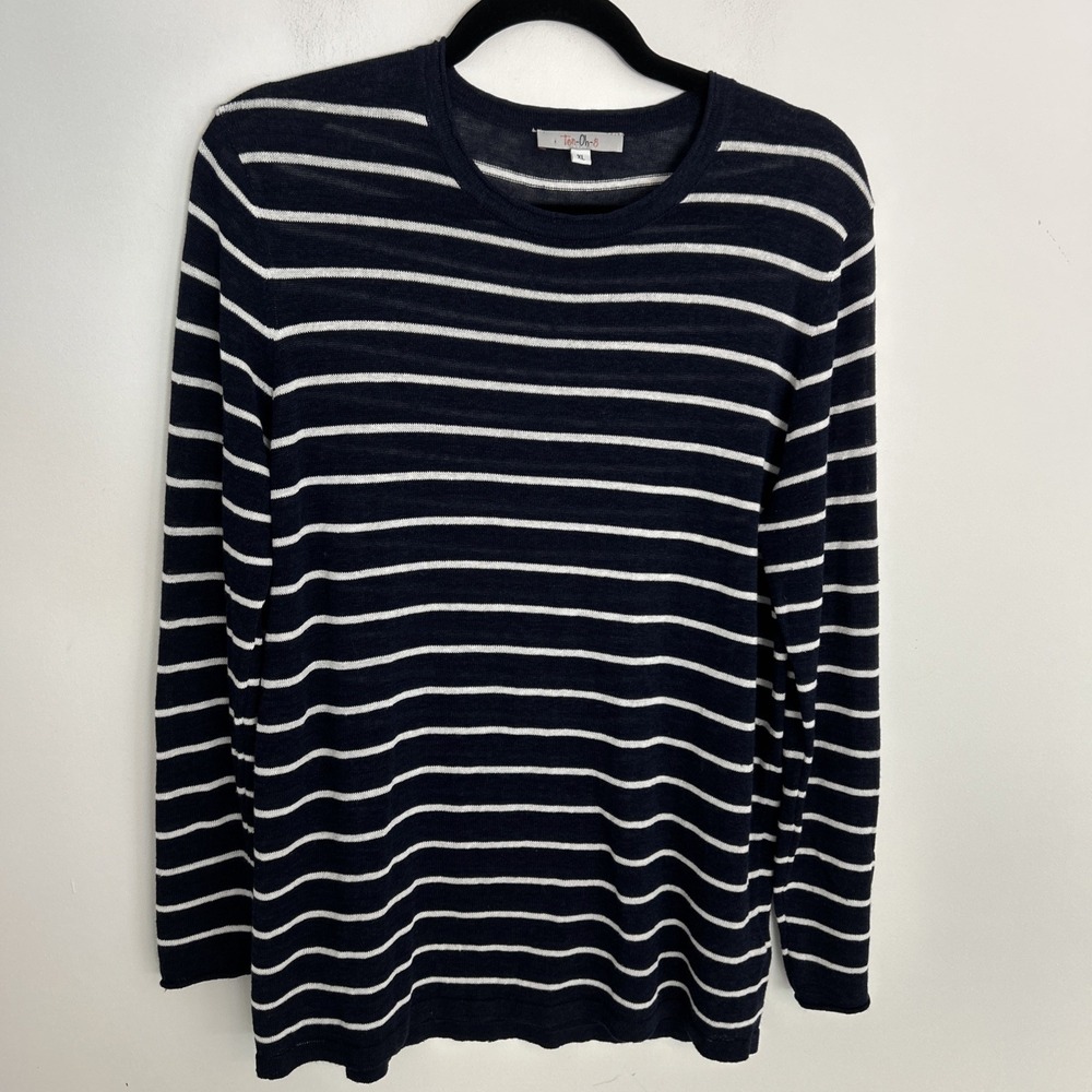Ten-Oh-8 Women‎ XL Linen Long Sleeve Navy White Striped Crewneck Lightweight Top